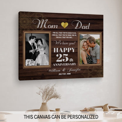 Happy 25th Year Wedding Anniversary - Personalized 25 Year Anniversary gift for Parents - Custom Canvas - MyMindfulGifts