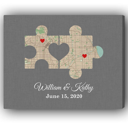 Couple Puzzle Map - Personalized Anniversary or Valentine's Day gift for him for her - Custom Canvas - MyMindfulGifts