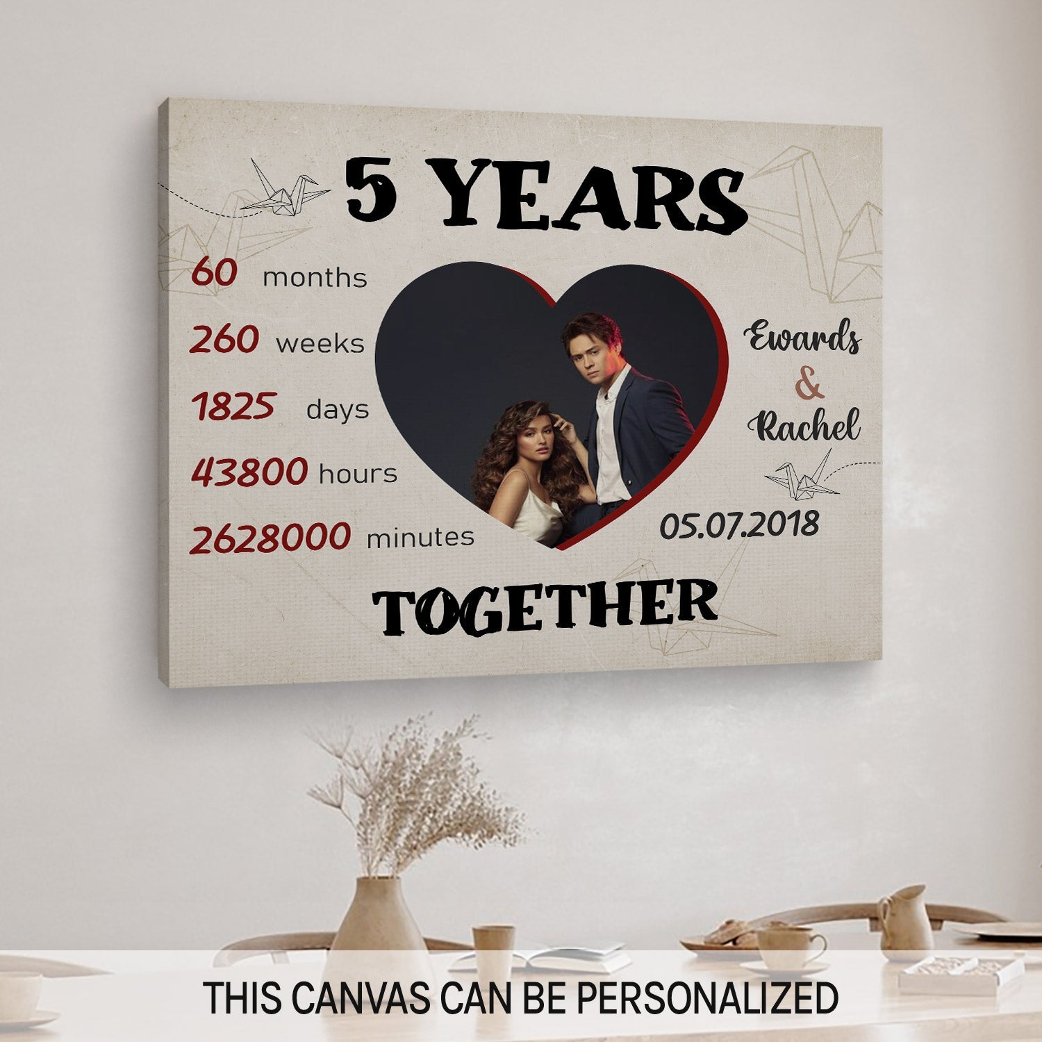 5 Years Together - Personalized 5 Year Anniversary gift for him for her - Custom Canvas - MyMindfulGifts