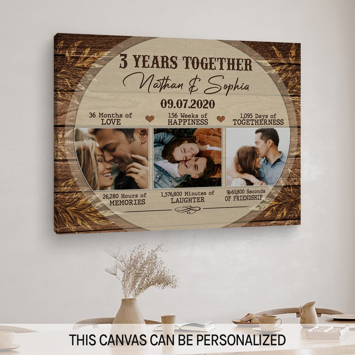 3rd Year Together - Personalized 3 Year Anniversary gift for him for her - Custom Canvas - MyMindfulGifts