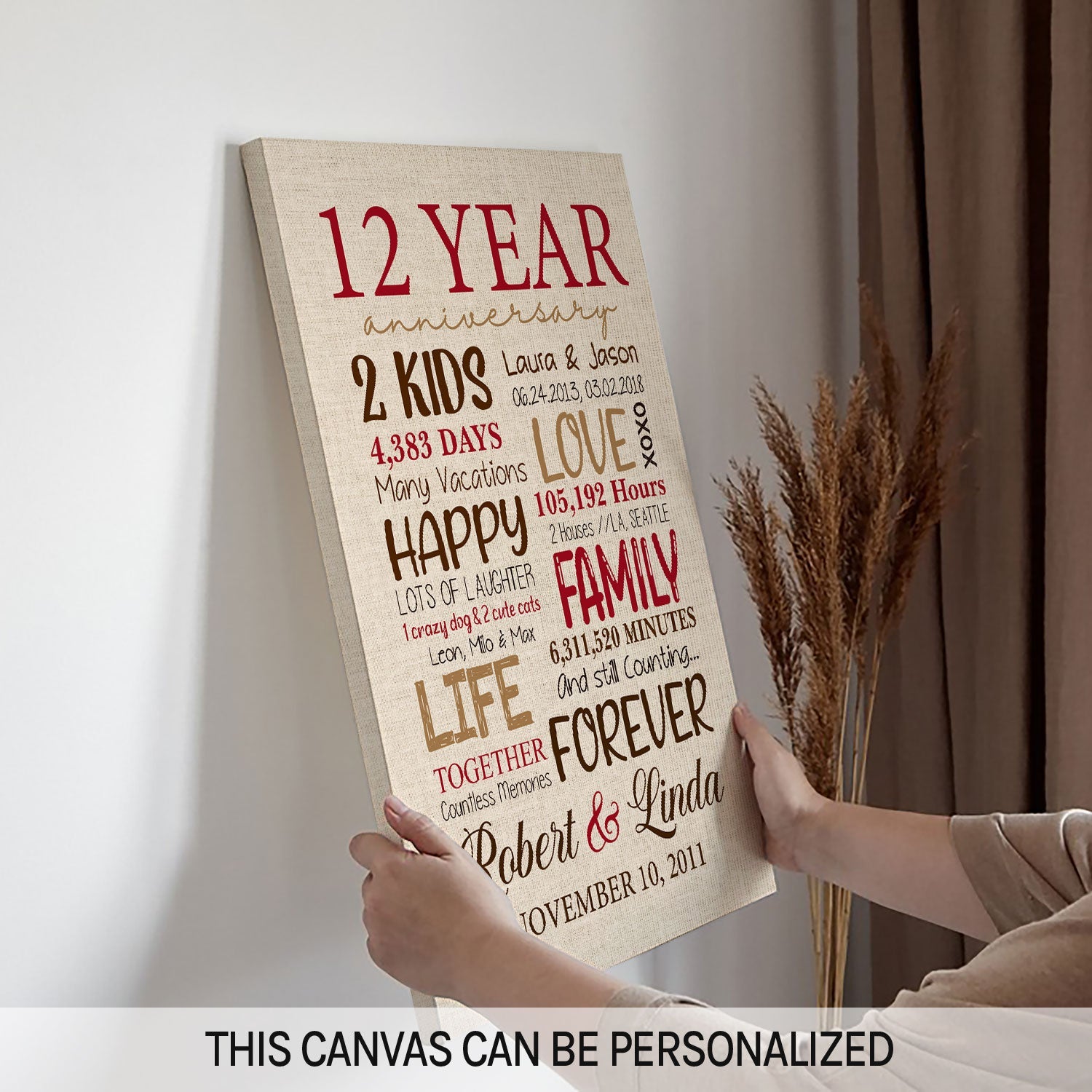 12th Anniversary - Personalized 12 Year Anniversary gift for Parents for Husband for Wife - Custom Canvas - MyMindfulGifts