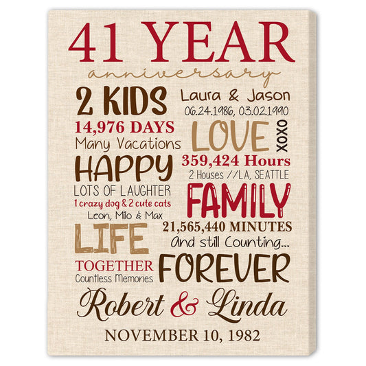 41st Anniversary - Personalized 41 Year Anniversary gift for Parents for Husband for Wife - Custom Canvas - MyMindfulGifts
