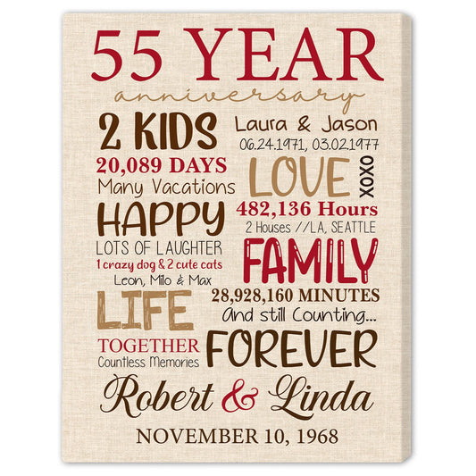 55th Anniversary - Personalized 55 Year Anniversary gift for Parents for Husband for Wife - Custom Canvas - MyMindfulGifts