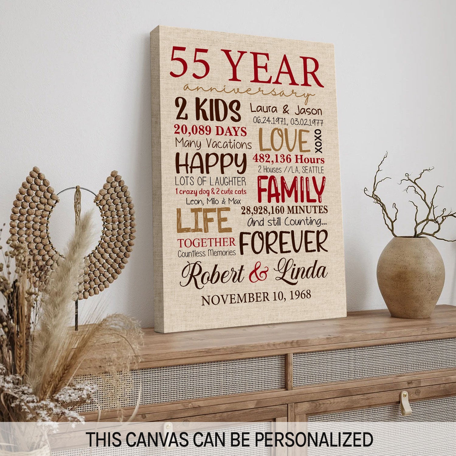 55th Anniversary - Personalized 55 Year Anniversary gift for Parents for Husband for Wife - Custom Canvas - MyMindfulGifts