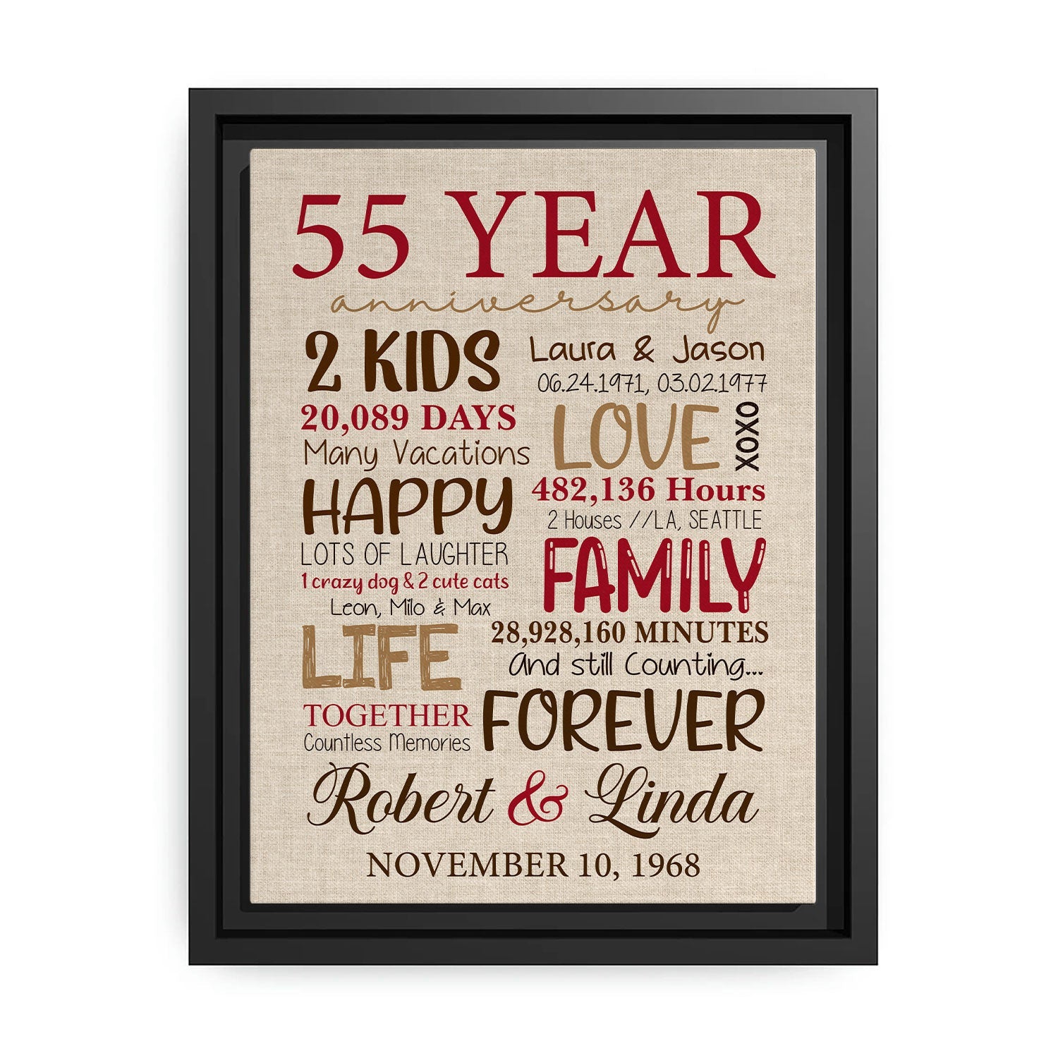 55th Anniversary - Personalized 55 Year Anniversary gift for Parents for Husband for Wife - Custom Canvas - MyMindfulGifts