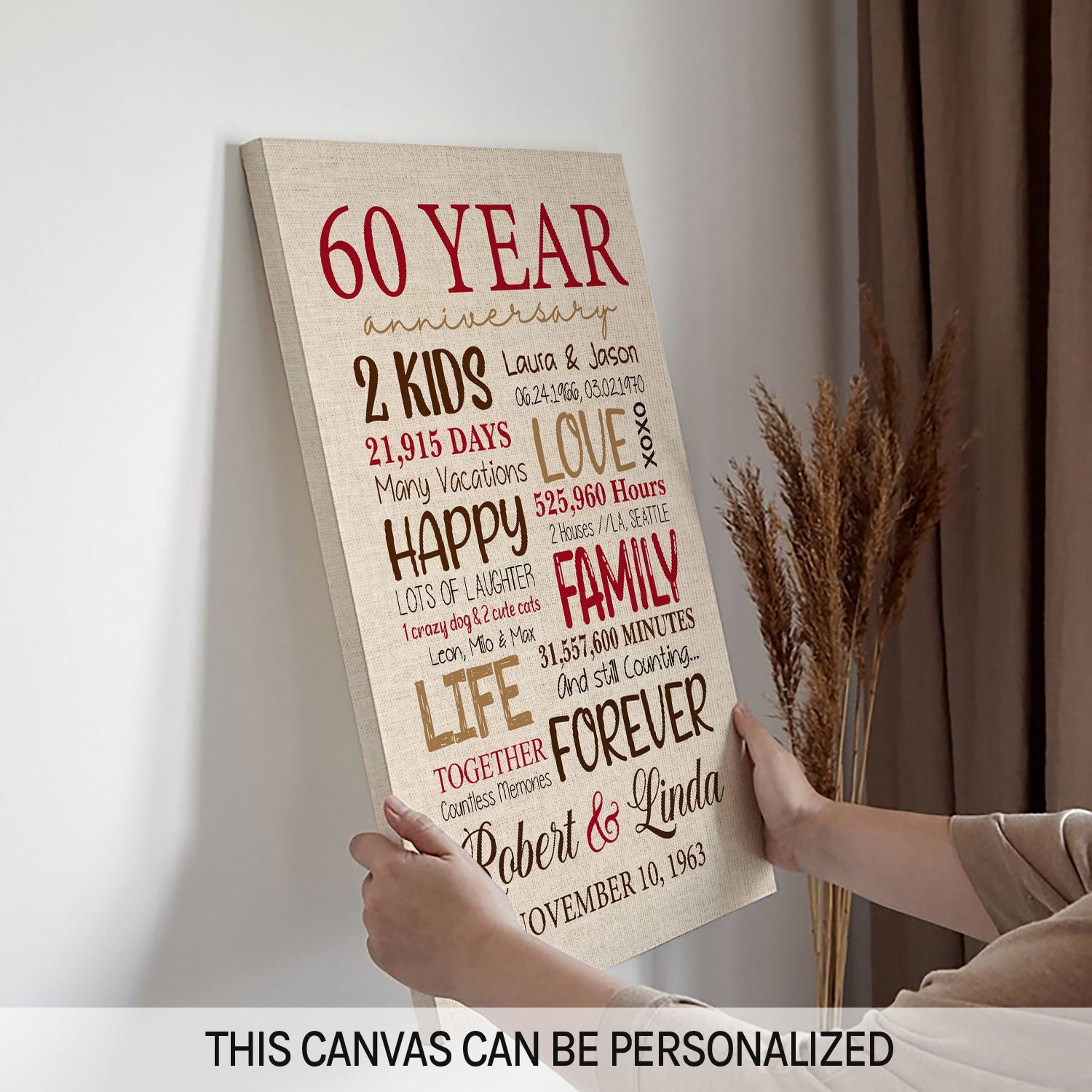 60th Anniversary - Personalized 60 Year Anniversary gift for Parents for Husband for Wife - Custom Canvas - MyMindfulGifts