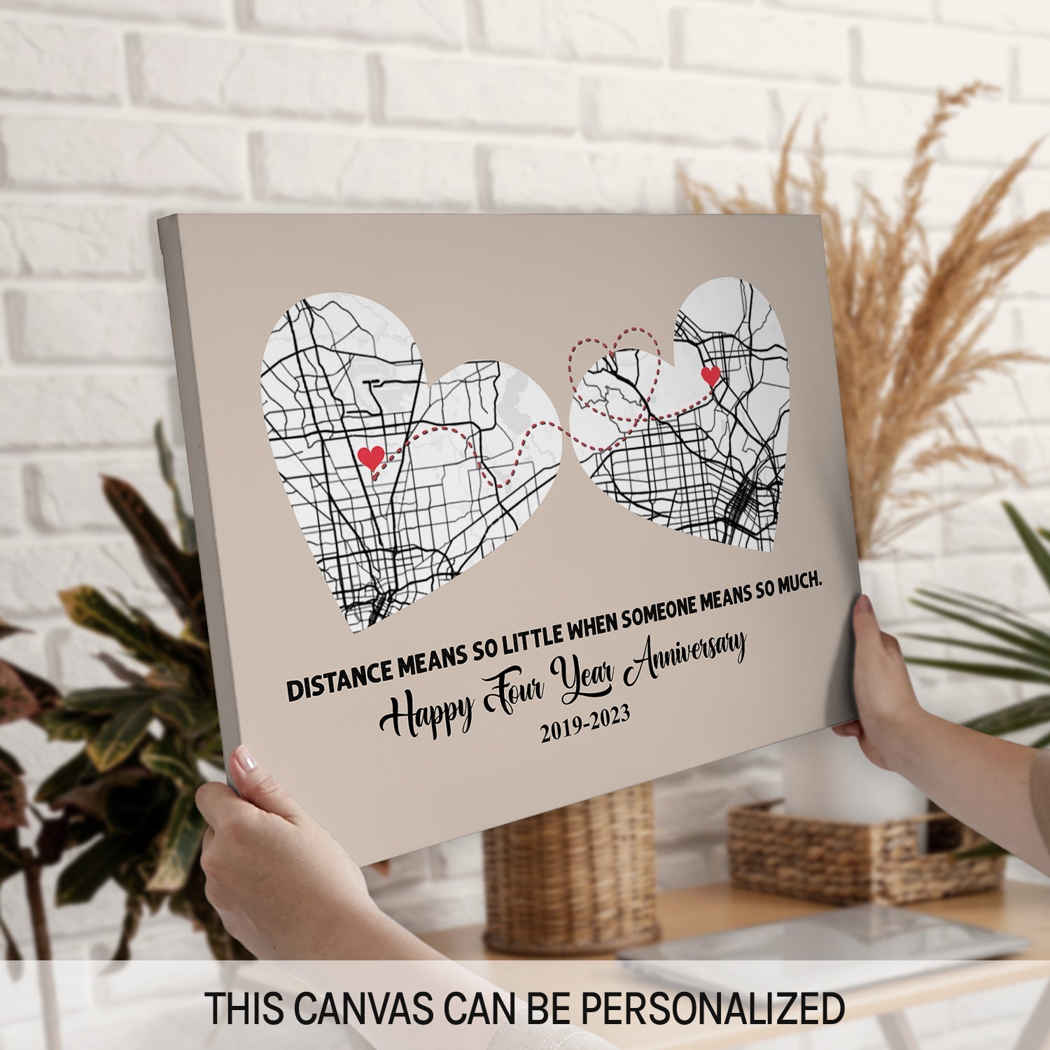 Four Year Anniversary Distance Means So Little Map - Personalized 4 Year Anniversary gift for Long Distance Boyfriend or Girlfriend - Custom Canvas Print - MyMindfulGifts
