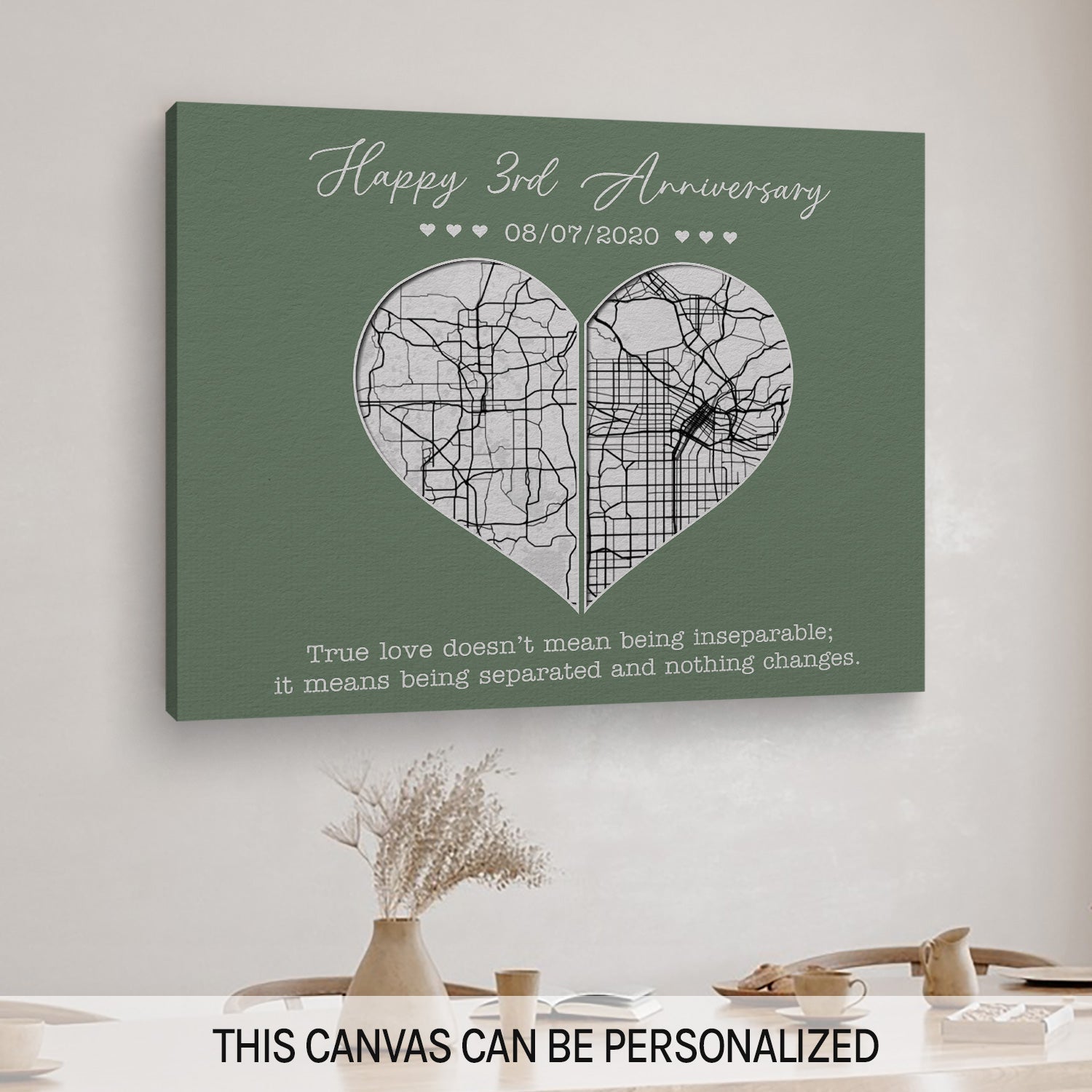 Three Year Anniversary True Love Doesn't Mean Being Inseparable - Personalized 3 Year Anniversary gift for him for her - Custom Canvas - MyMindfulGifts