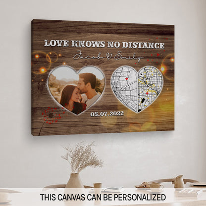 Love Knows No Distance Map - Personalized Anniversary or Valentine's Day gift for Long Distance Boyfriend or Girlfriend - Custom Canvas Print - MyMindfulGifts