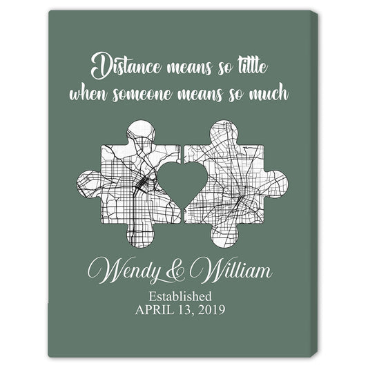 Distance Means So Little Map - Personalized Anniversary or Valentine's Day gift for Long Distance Boyfriend or Girlfriend - Custom Canvas Print - MyMindfulGifts