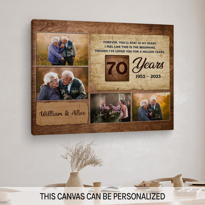 70 Year Wedding - Forever, You'll Stay In My Heart - Personalized 70 Year Anniversary gift for Parents, Husband or Wife - Custom Canvas Print - MyMindfulGifts