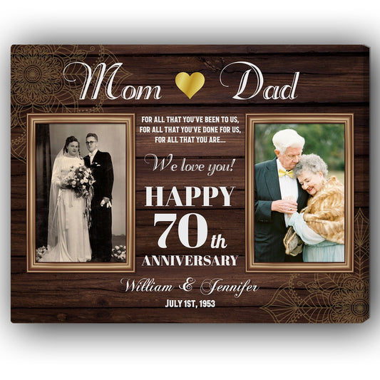 Happy 70 Years Anniversary - Personalized 70 Year Anniversary gift for Parents - Custom Canvas Print - MyMindfulGifts