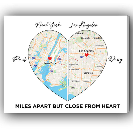 Long Distance Heart Map Gift - Personalized Anniversary, Valentine's Day or Christmas gift For Long Distance Boyfriend or Girlfriend - Custom Canvas Print - MyMindfulGifts