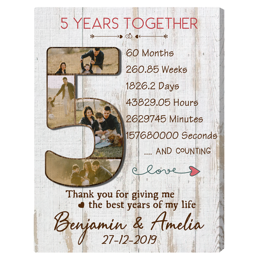 Personalized wedding anniversary gift for him for her - 5 years together - custom Couple photo canvas print - MyMindfulGifts