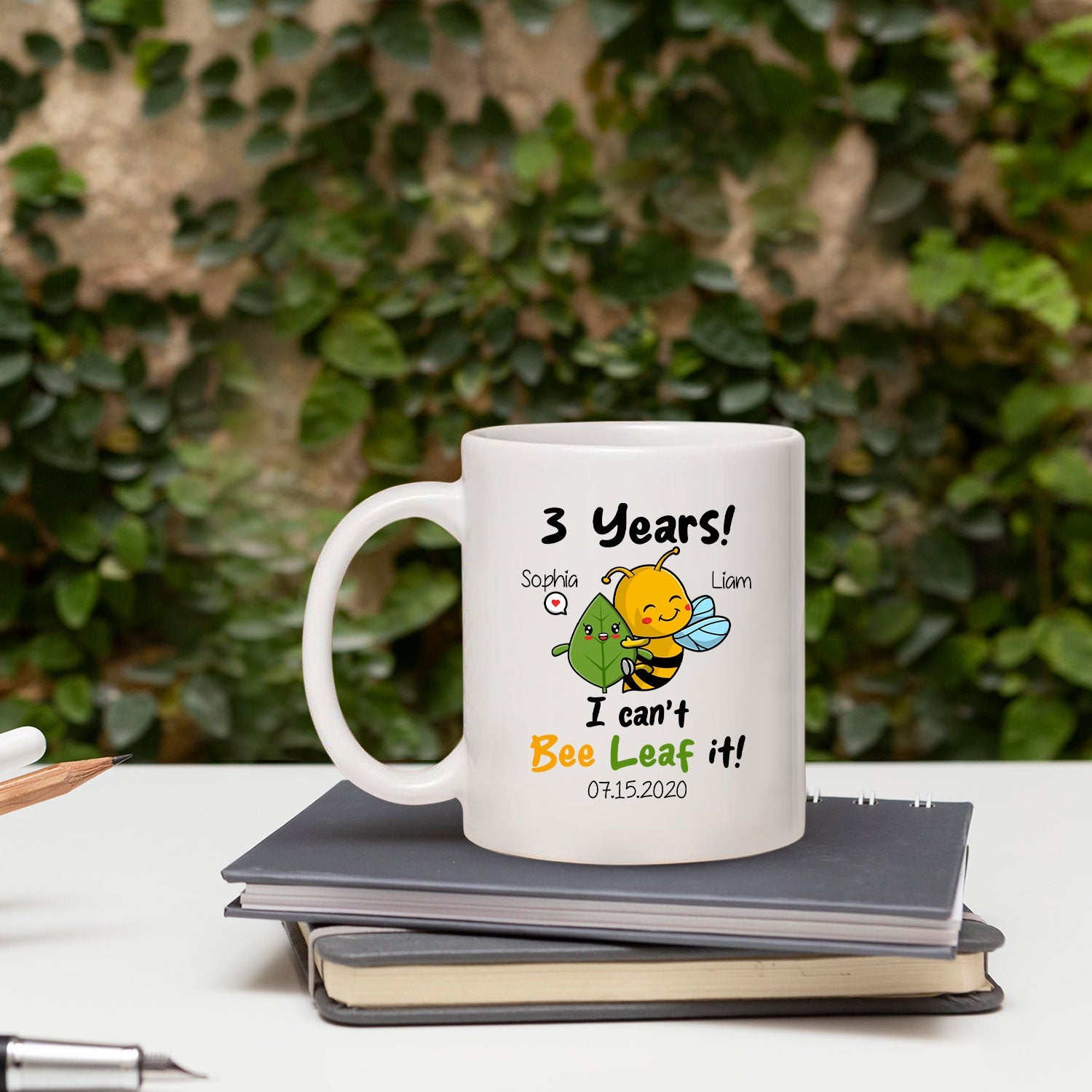 Three Years I Can't Bee Leaf It - Personalized 3 Year Anniversary gift for him for her - Custom Mug - MyMindfulGifts