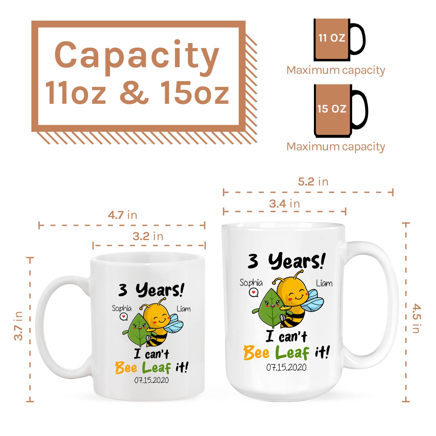 Three Years I Can't Bee Leaf It - Personalized 3 Year Anniversary gift for him for her - Custom Mug - MyMindfulGifts