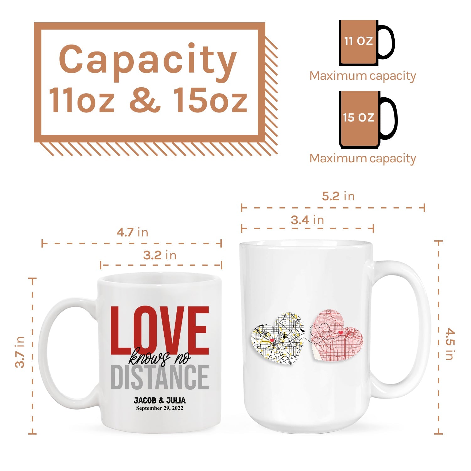 Love Knows No Distance Heart Map - Personalized Anniversary or Valentine's Day gift for Long Distance Boyfriend or Girlfriend - Custom Mug - MyMindfulGifts