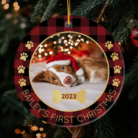 Your Dog's First Christmas - Personalized First Christmas gift for Dog Lovers - Custom Circle Ceramic Ornament - MyMindfulGifts
