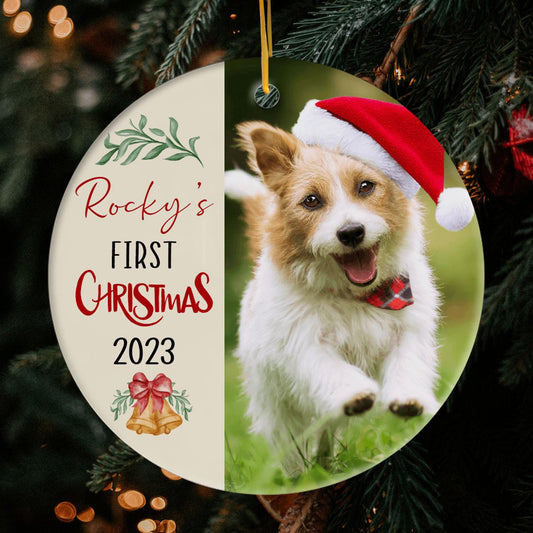 Dog's First Christmas - Personalized Christmas gift for Dog Lovers - Custom Circle Ceramic Ornament - MyMindfulGifts