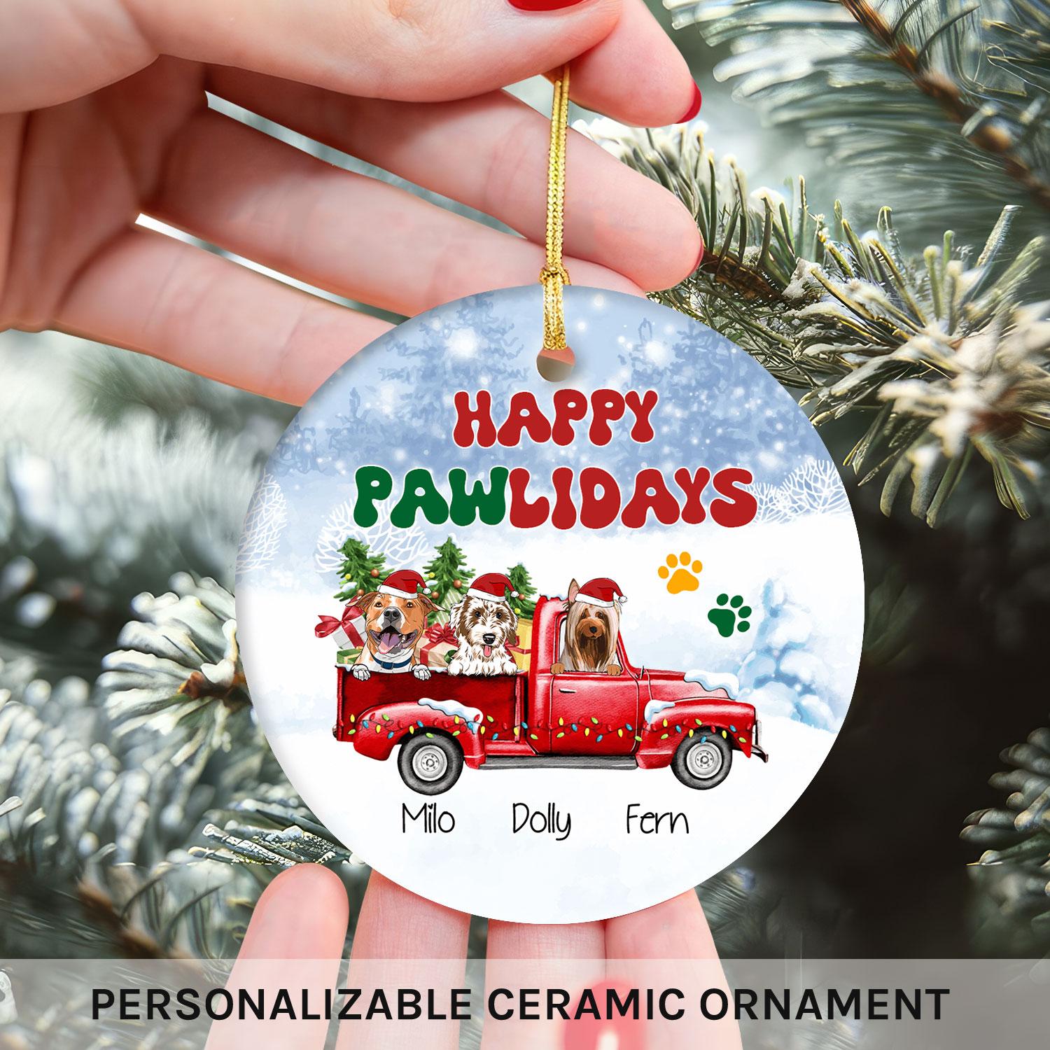 Happy Pawlidays - Personalized Christmas gift for Dog Lovers - Custom Circle Ceramic Ornament - MyMindfulGifts