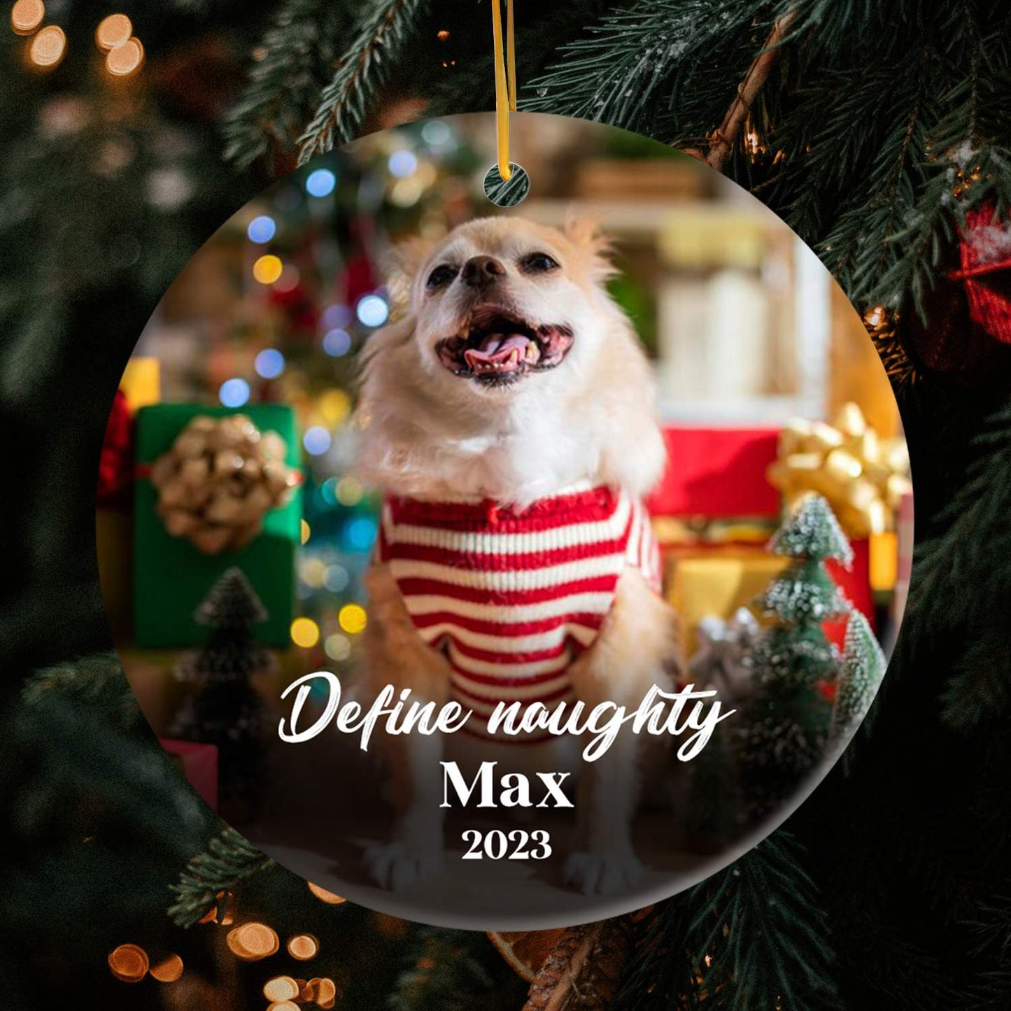 Define Naughty - Personalized Christmas gift for Dog Lovers - Custom Circle Ceramic Ornament - MyMindfulGifts