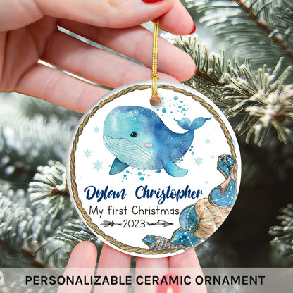 Baby's First Christmas Whale - Personalized First Christmas gift for Baby - Custom Circle Ceramic Ornament - MyMindfulGifts