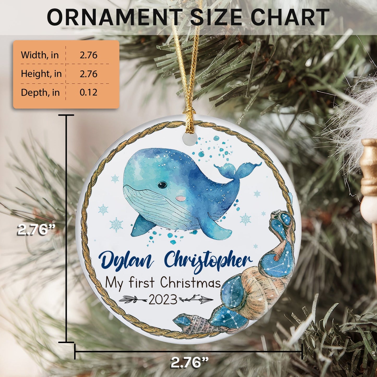 Baby's First Christmas Whale - Personalized First Christmas gift for Baby - Custom Circle Ceramic Ornament - MyMindfulGifts