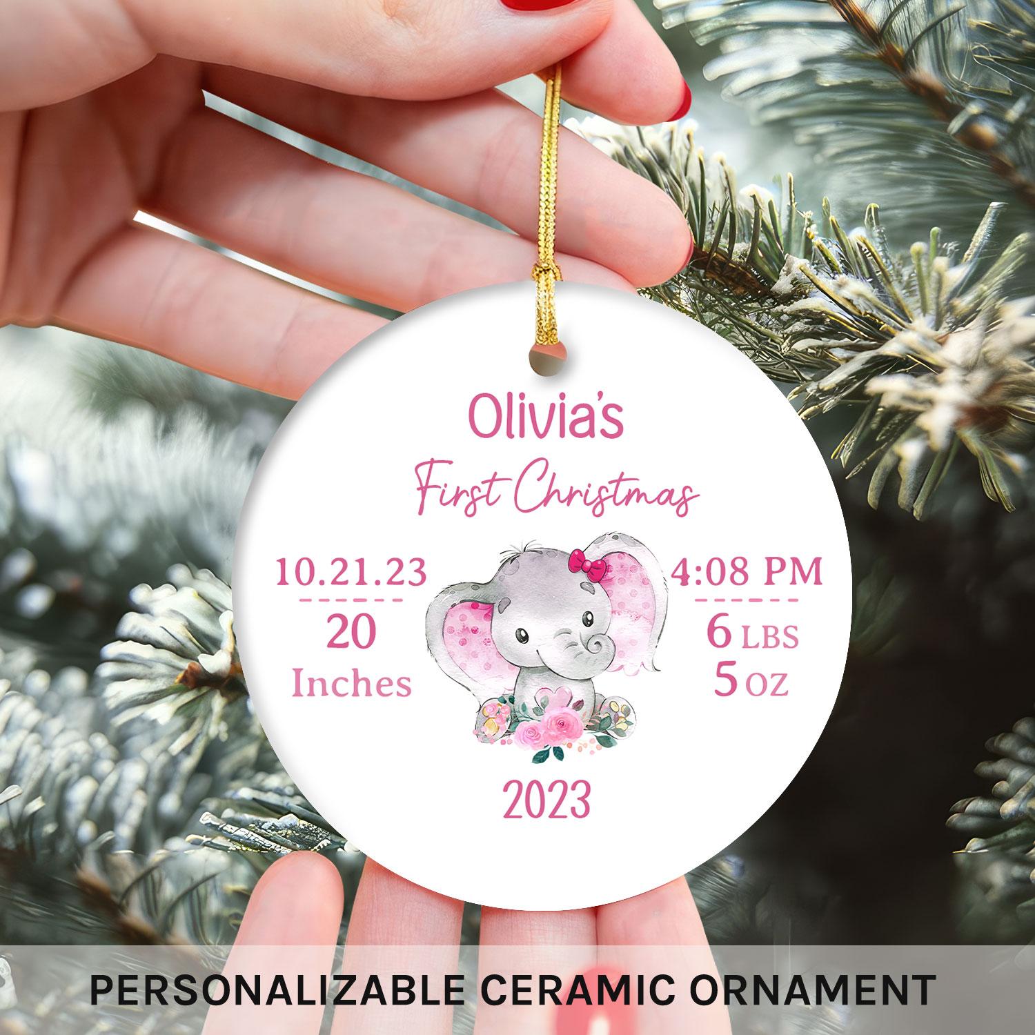 Baby's First Christmas Elephant - Personalized First Christmas gift for Baby - Custom Circle Ceramic Ornament - MyMindfulGifts