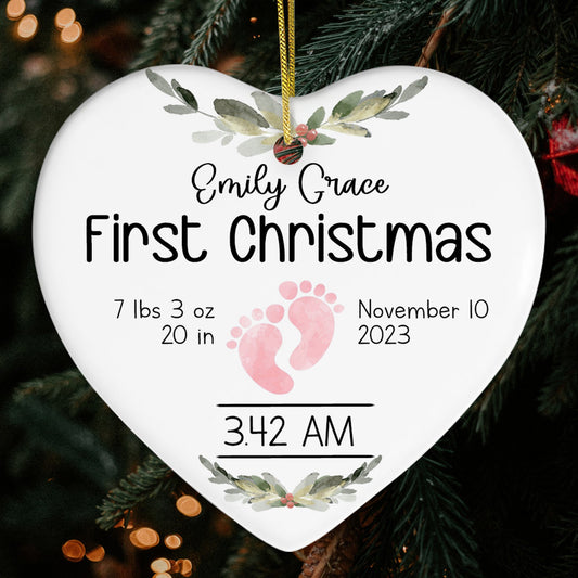 Newborn Birth Stats - Personalized First Christmas gift for Baby - Custom Heart Ceramic Ornament - MyMindfulGifts