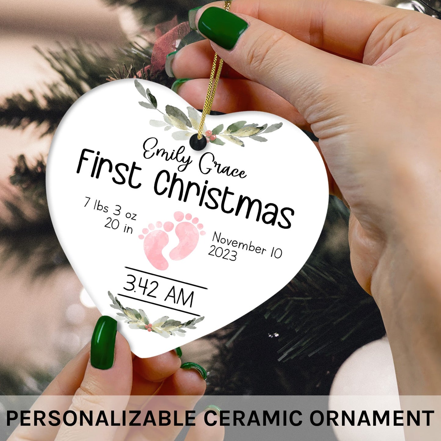 Newborn Birth Stats - Personalized First Christmas gift for Baby - Custom Heart Ceramic Ornament - MyMindfulGifts