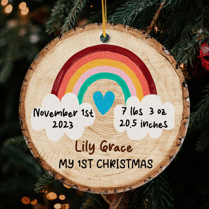 Rainbow Birth Stats - Personalized First Christmas gift for Baby - Custom Circle Ceramic Ornament - MyMindfulGifts