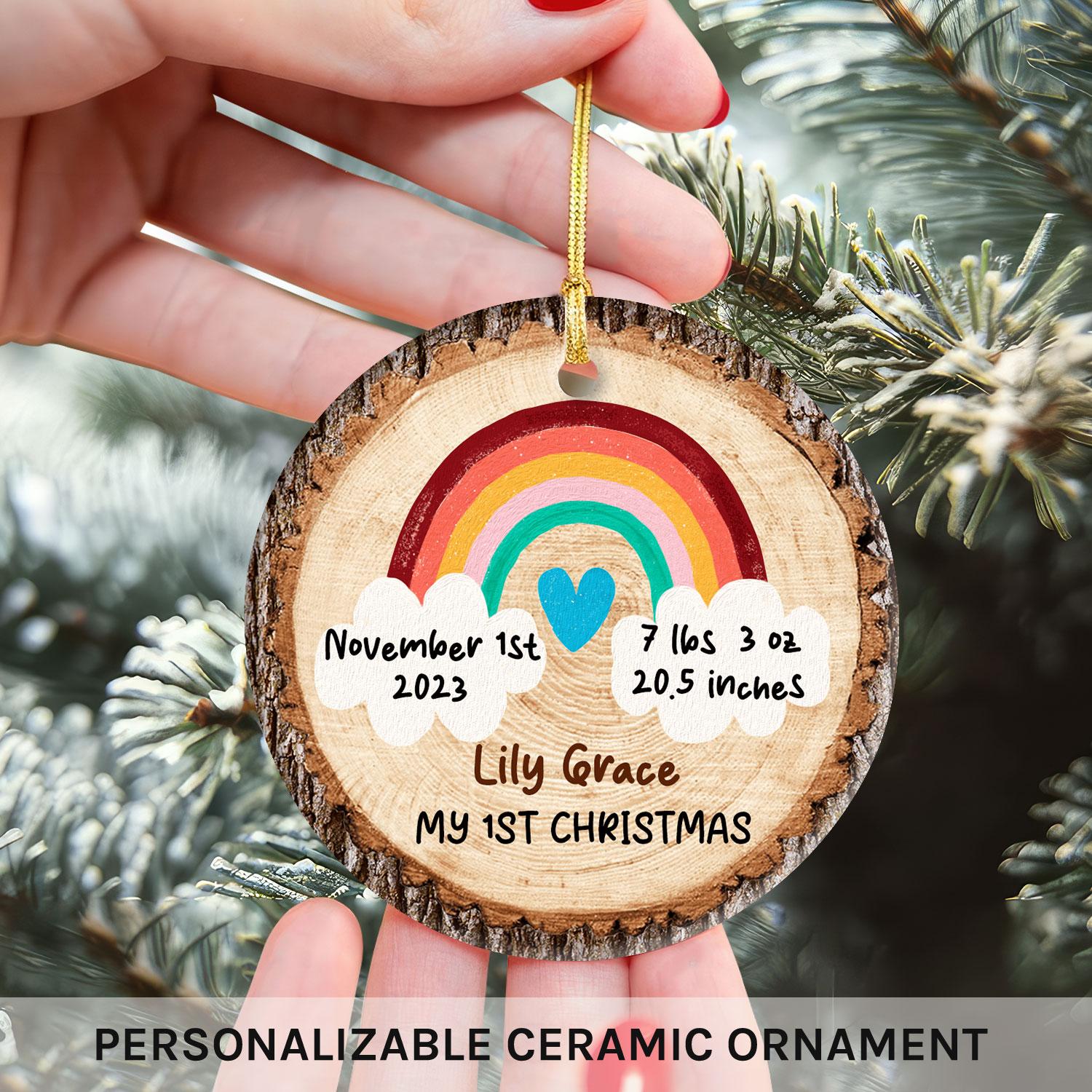 Rainbow Birth Stats - Personalized First Christmas gift for Baby - Custom Circle Ceramic Ornament - MyMindfulGifts
