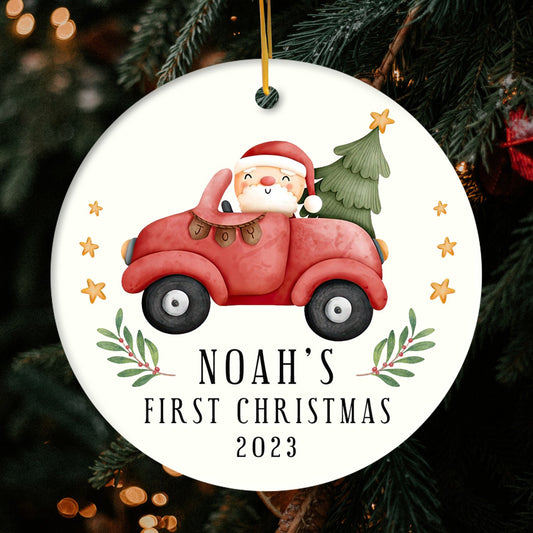 Baby's First Christmas Truck - Personalized First Christmas gift for Baby - Custom Circle Ceramic Ornament - MyMindfulGifts