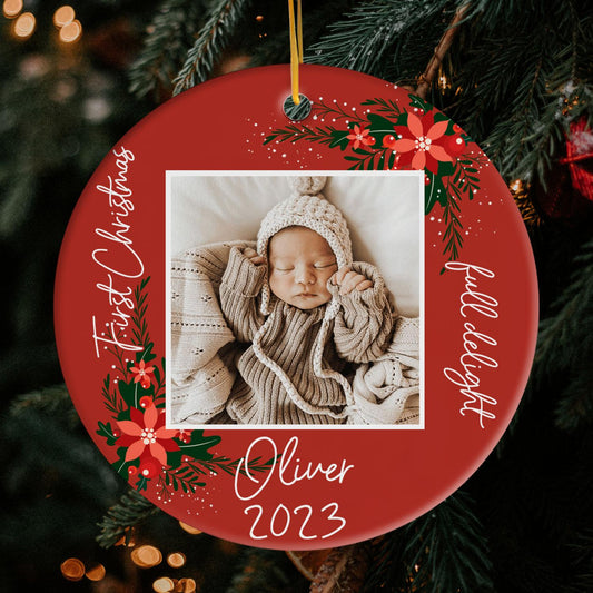 First Christmas, Full Delight - Personalized First Christmas gift for Baby - Custom Circle Ceramic Ornament - MyMindfulGifts