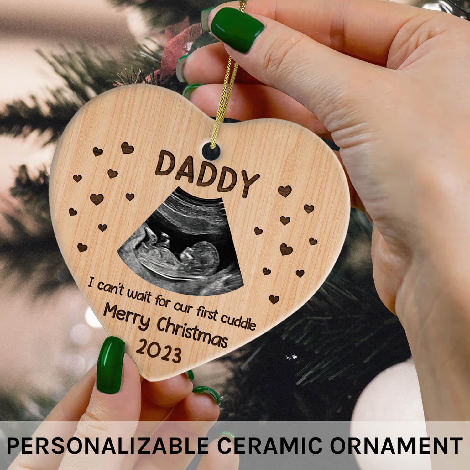 Can't Wait For Our First Cuddle - Personalized First Christmas gift for New Dad - Custom Heart Ceramic Ornament - MyMindfulGifts