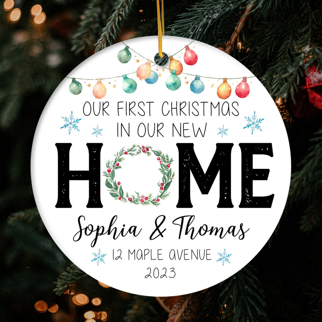 First Christmas in Our New Home - Personalized First Christmas gift for Husband or Wife - Custom Circle Ceramic Ornament - MyMindfulGifts