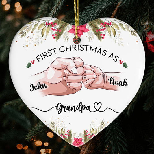 First Christmas As Grandpa - Personalized First Christmas gift for Grandpa - Custom Heart Ceramic Ornament - MyMindfulGifts