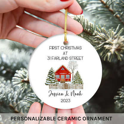 First Christmas At - Personalized First Christmas gift for Husband or Wife - Custom Circle Ceramic Ornament - MyMindfulGifts