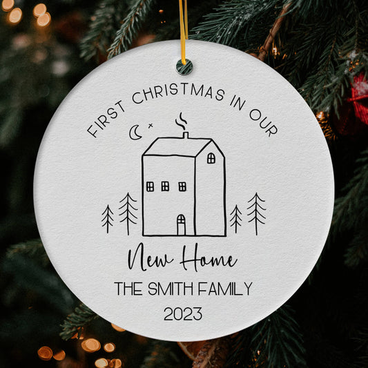 First Christmas in Our New Home - Personalized First Christmas gift for Family - Custom Circle Ceramic Ornament - MyMindfulGifts
