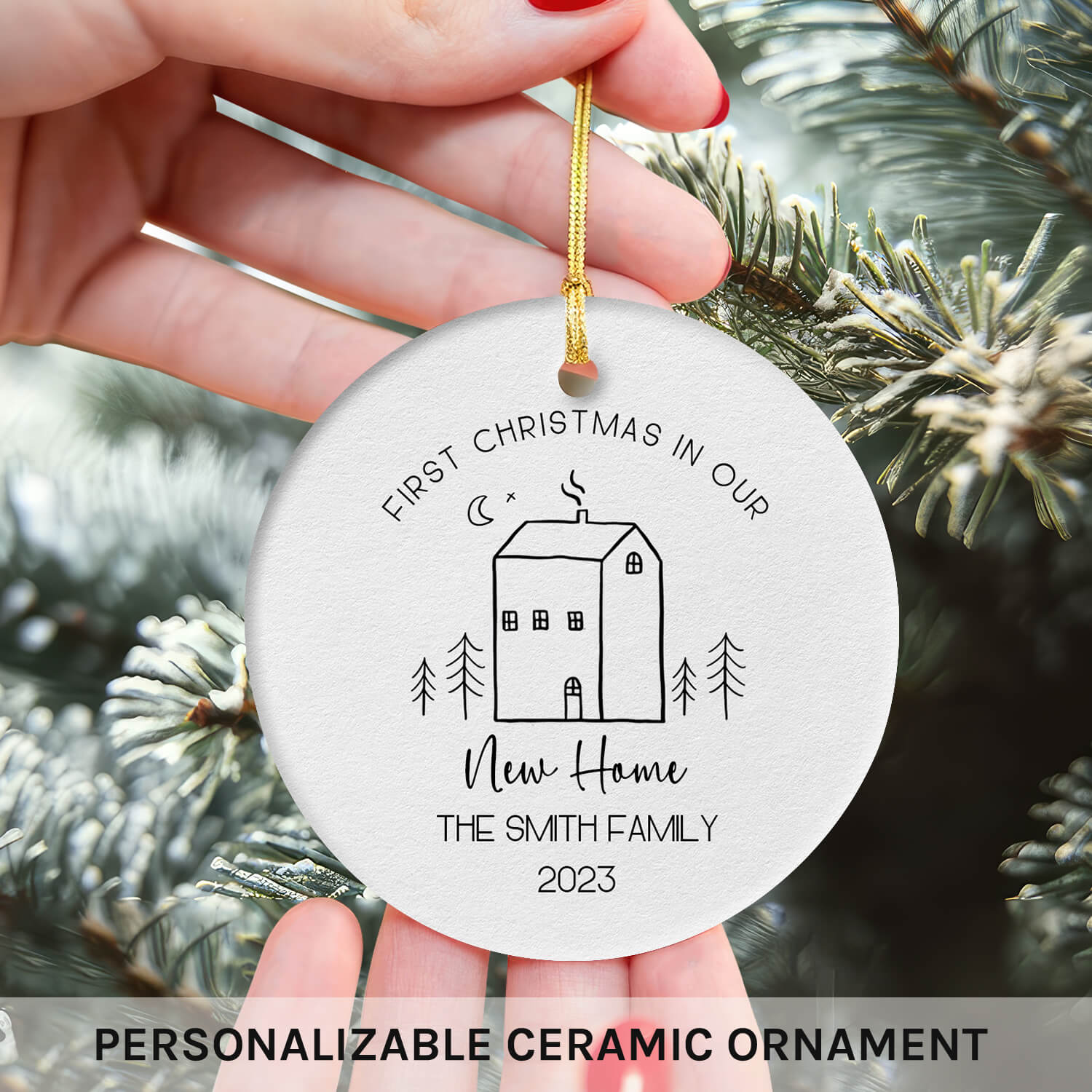 First Christmas in Our New Home - Personalized First Christmas gift for Family - Custom Circle Ceramic Ornament - MyMindfulGifts