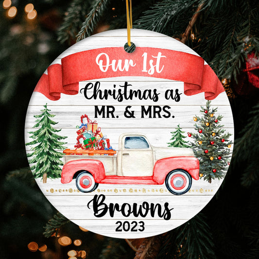 Our First Christmas as Mr. & Mrs. - Personalized First Christmas gift for Husband or Wife - Custom Circle Ceramic Ornament - MyMindfulGifts