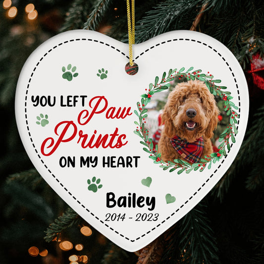 You Left Paw Prints On My Heart - Personalized Christmas gift For Dog Lovers - Custom Heart Ceramic Ornament - MyMindfulGifts