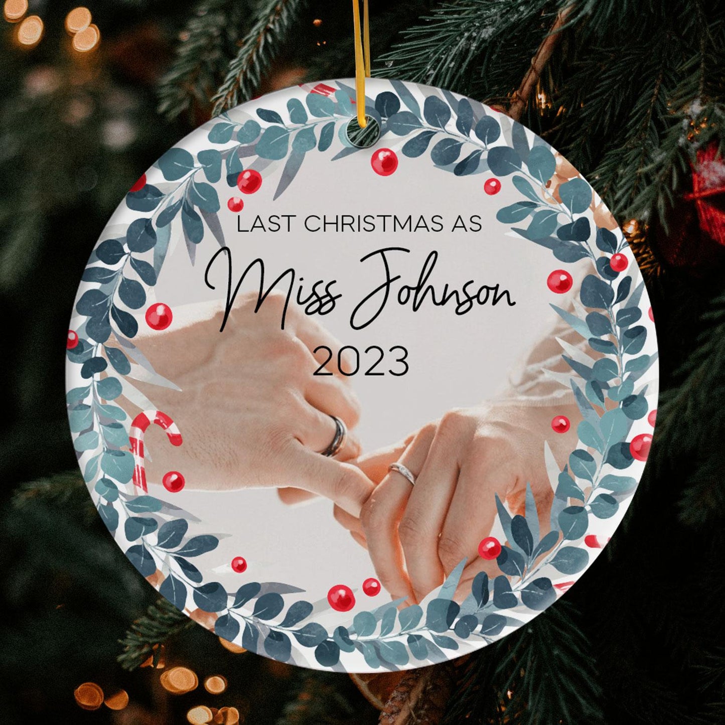 Last Christmas As Miss - Personalized First Christmas gift for Wife - Custom Circle Ceramic Ornament - MyMindfulGifts