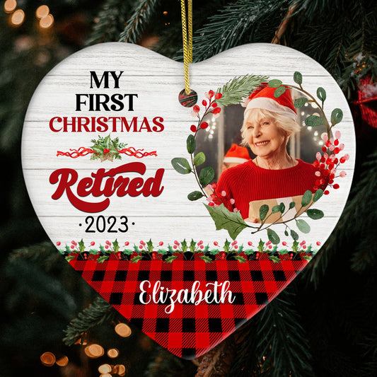 My First Christmas Retired - Personalized First Christmas gift for Grandma or Grandpa - Custom Heart Ceramic Ornament - MyMindfulGifts