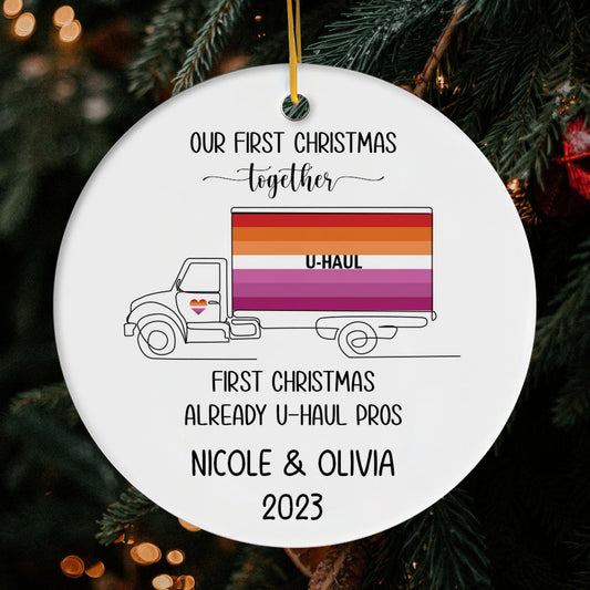Our First Christmas Together - Personalized First Christmas gift for Lesbian Couple - Custom Circle Ceramic Ornament - MyMindfulGifts
