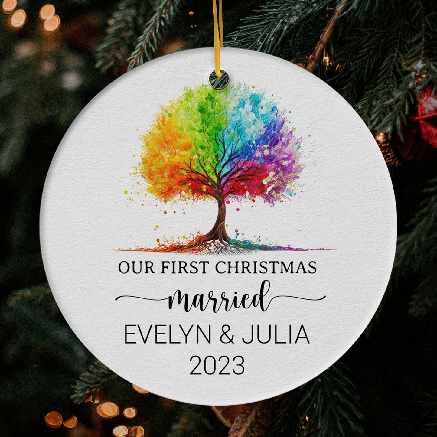 Our First Christmas Married - Personalized First Christmas gift for Husband, for Wife, for LGBT Couple - Custom Circle Ceramic Ornament - MyMindfulGifts