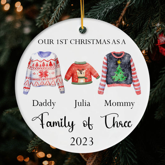 Our First Christmas As A Family Of Three - Personalized First Christmas gift for Family - Custom Circle Ceramic Ornament - MyMindfulGifts