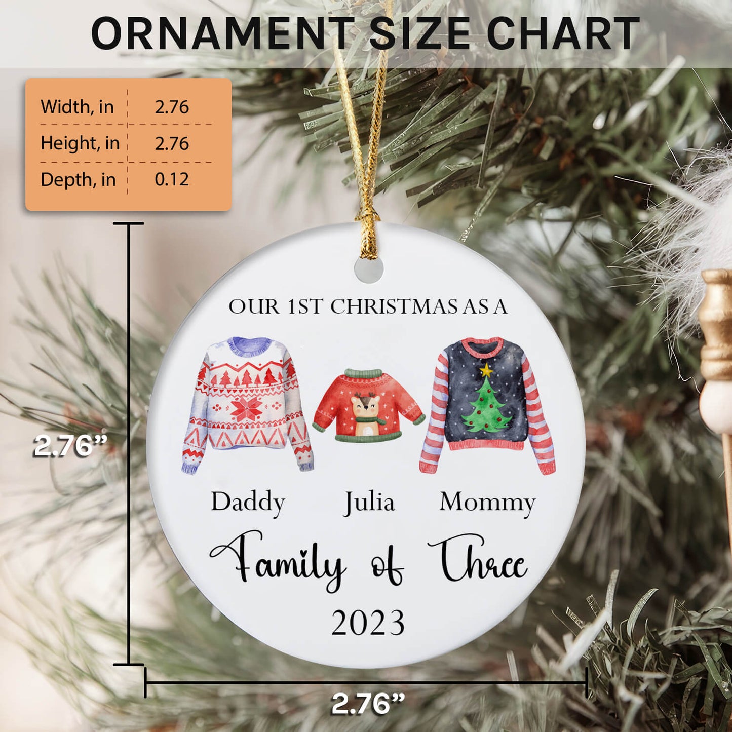 Our First Christmas As A Family Of Three - Personalized First Christmas gift for Family - Custom Circle Ceramic Ornament - MyMindfulGifts