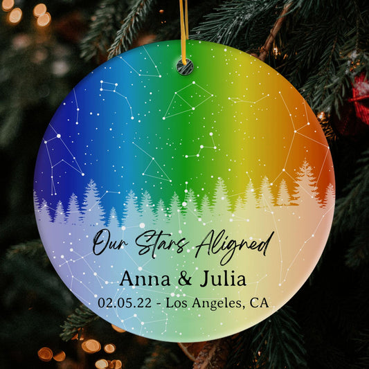Our Stars Aligned Queer Pride Rainbow Starmap - Personalized Christmas gift for LGBT Couple - Custom Circle Ceramic Ornament - MyMindfulGifts