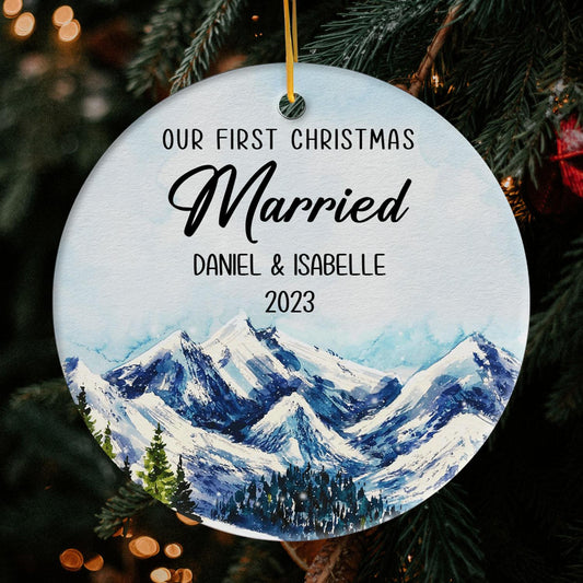 Our First Christmas Married - Personalized First Christmas gift for Husband or Wife - Custom Circle Ceramic Ornament - MyMindfulGifts